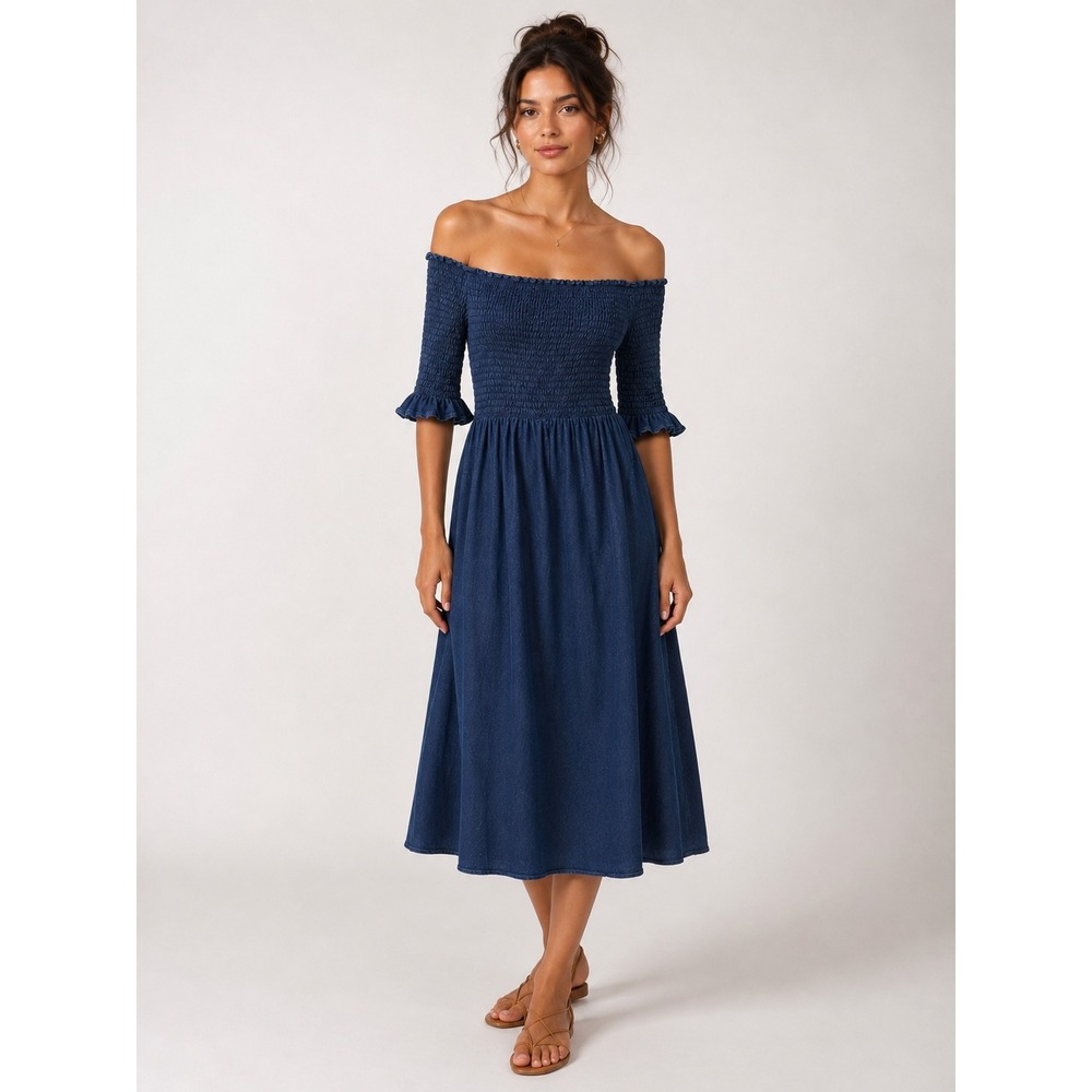 Marc Jacobs Smocked Midi Dress Womens Size M Blue Off Shoulder Denim Boho Resort